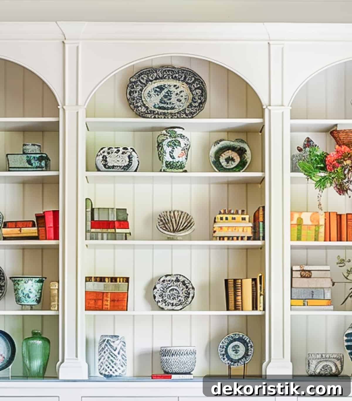 Shelf Decor Ideas: Creative Ways to Style Your Shelves 16 built-in white shelves in a living room decorated with colorful, traditional living room type accessories