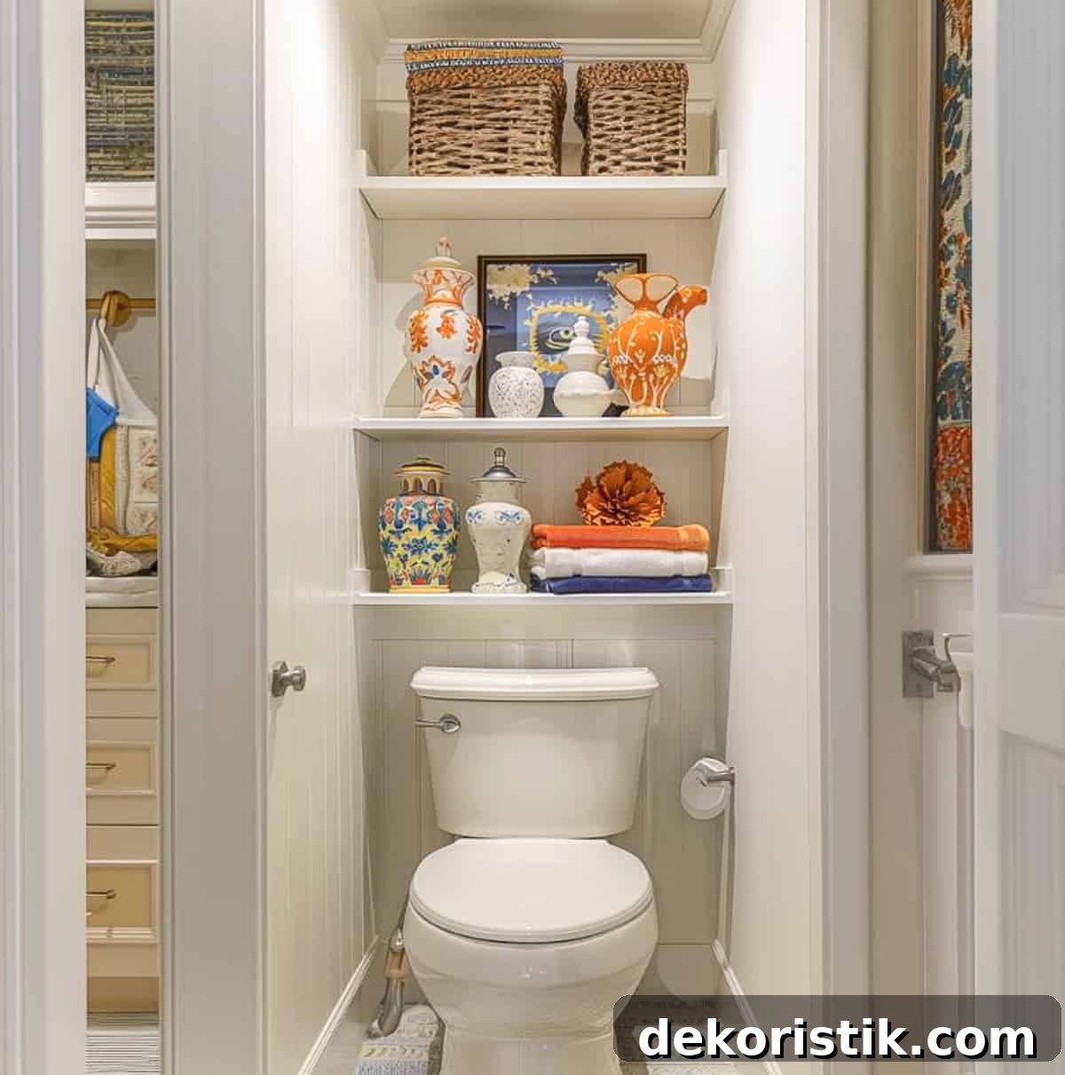 Shelf Decor Ideas: Creative Ways to Style Your Shelves 17 white shelves above a toilet decorated with bathroom type accessories
