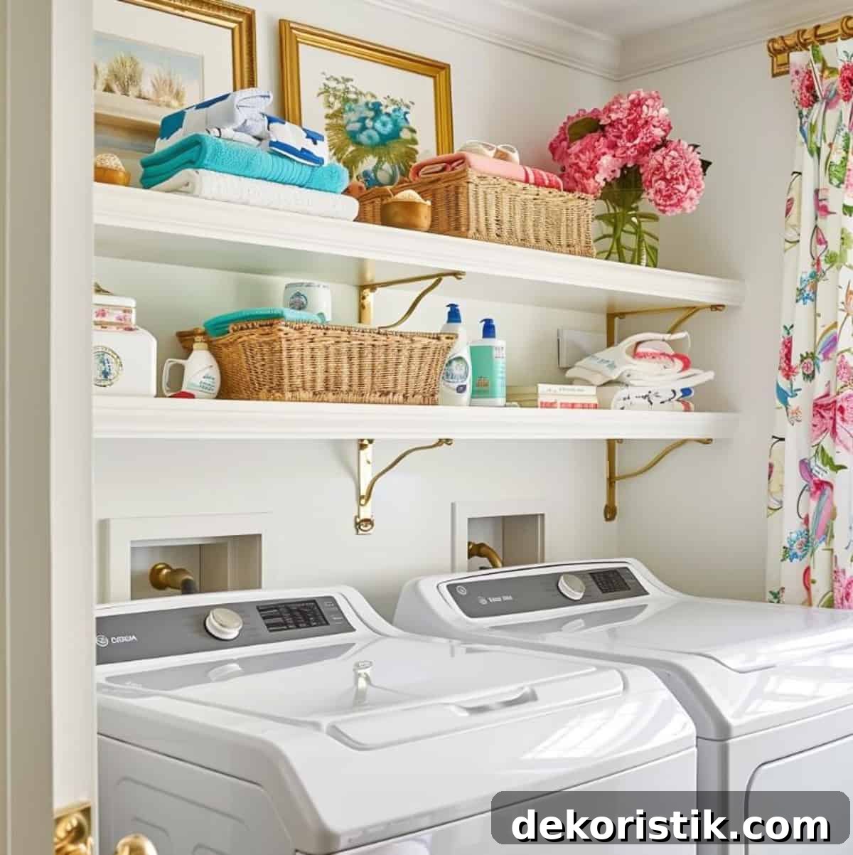 Shelf Decor Ideas: Creative Ways to Style Your Shelves 18 white shelves above a washer and dryer decorated with laundry room type accessories