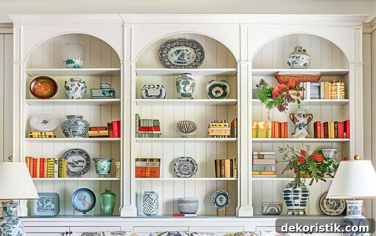 Shelf Decor Ideas: Creative Ways to Style Your Shelves 3 built-in white shelves in a living room decorated with colorful, traditional living room type accessories