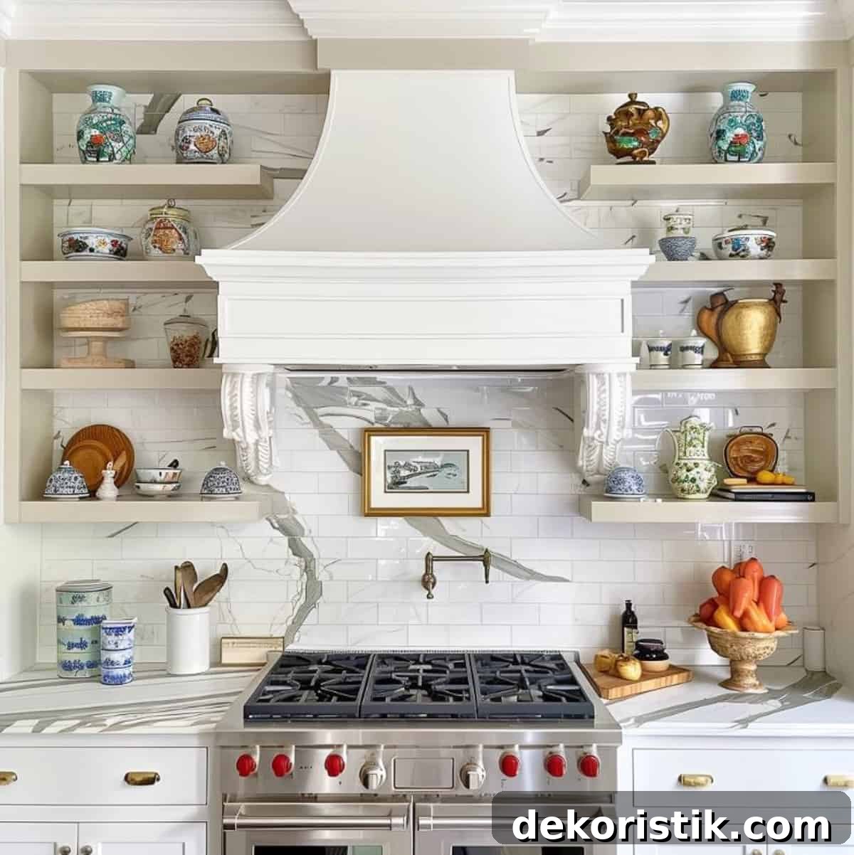 Shelf Decor Ideas: Creative Ways to Style Your Shelves 19 white open shelves on each side of a hood above the range decorated with kitchen type accessories