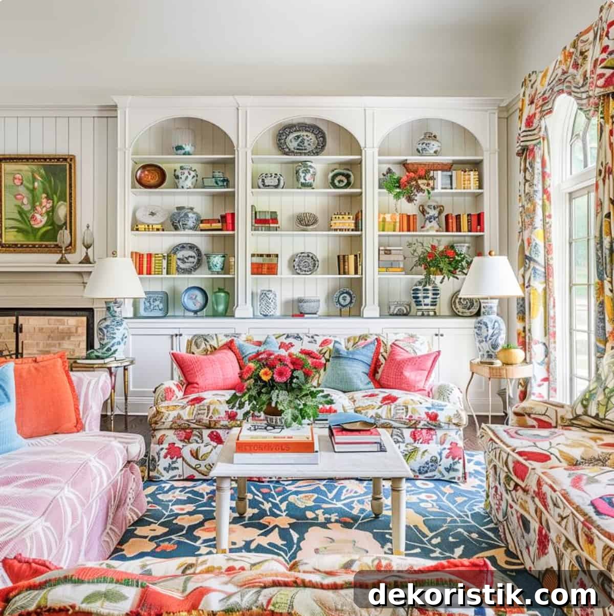 Shelf Decor Ideas: Creative Ways to Style Your Shelves 4 floral upholstered couch and a pair of lamps in front of built-in white shelves in a living room decorated with colorful, traditional living room type accessories