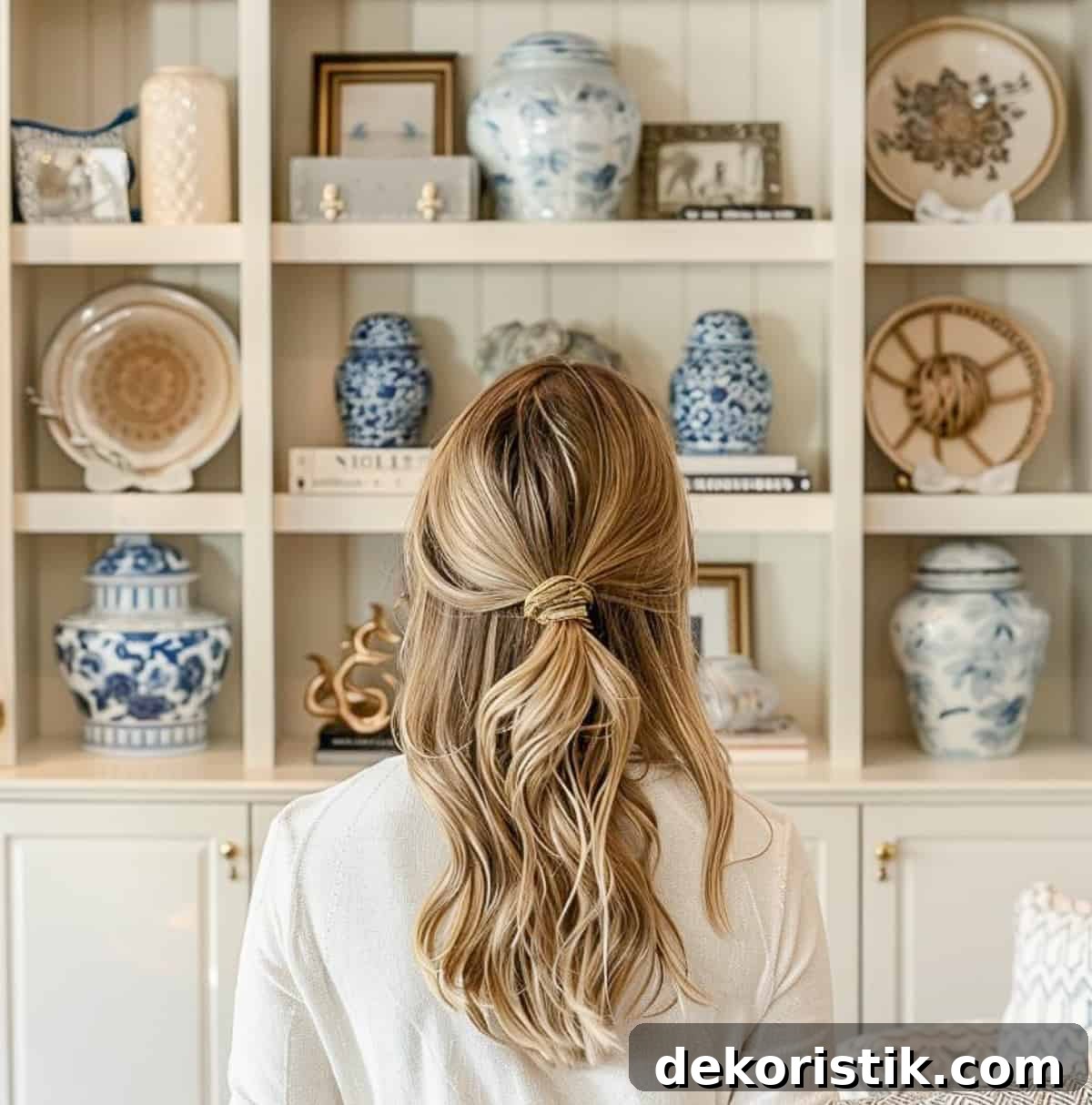 Shelf Decor Ideas: Creative Ways to Style Your Shelves 5 Woman standing in front of white built-in shelves looking at how they're decorated