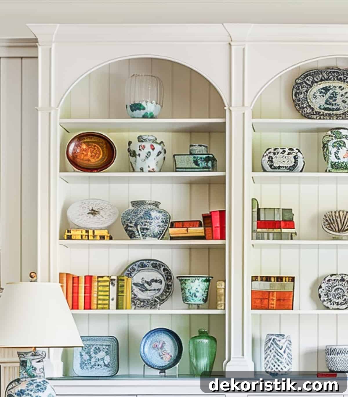 Shelf Decor Ideas: Creative Ways to Style Your Shelves 9 built-in white shelves in a living room decorated with colorful, traditional living room type accessories