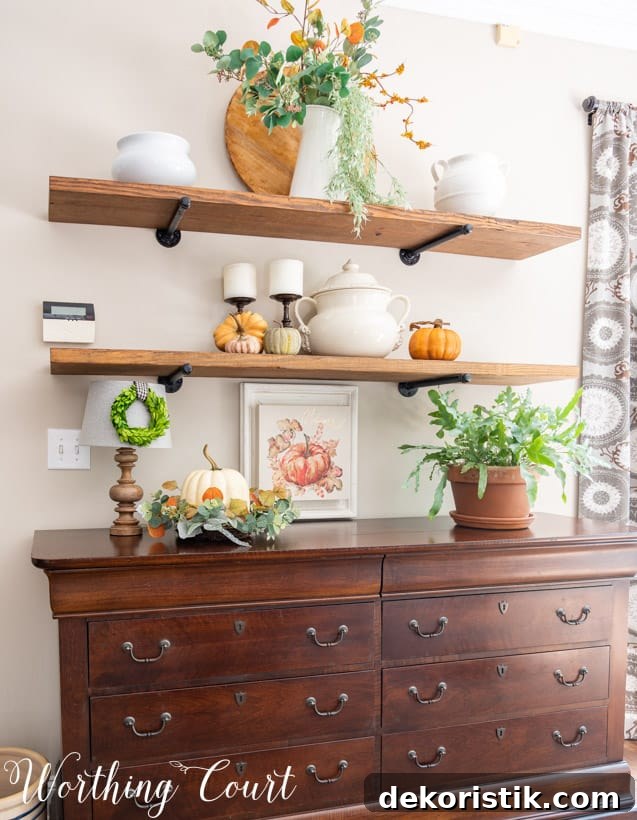 Fall Shelf Decor Ideas for Cozy Breakfast Nook and Centerpiece 3 open shelves with fall decorations