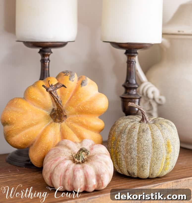 Fall Shelf Decor Ideas for Cozy Breakfast Nook and Centerpiece 5 trio of faux pumpkins on a shelf in muted fall colors