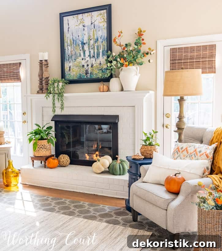 White brick fireplace decorated with traditional fall colors.