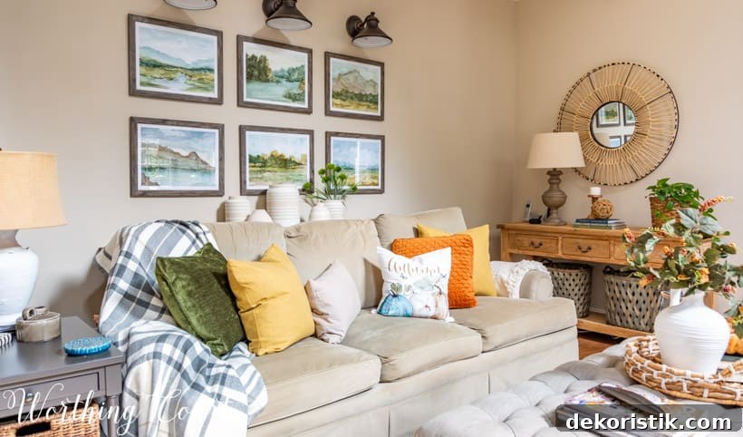 Neutral sofa filled with fall colored throw pillows