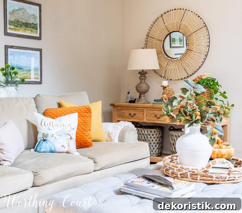 Neutral sofa with fall pillows and a console table with fall decor