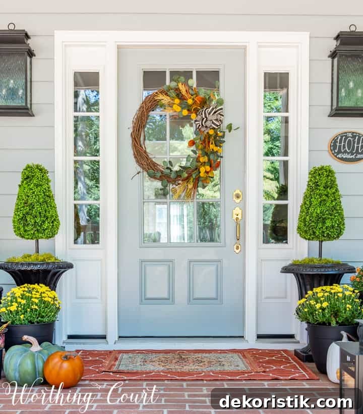 Charming Fall Front Porch Ideas with Pumpkins and Mums 10 front porch decor ideas including a front door with a fall wreath
