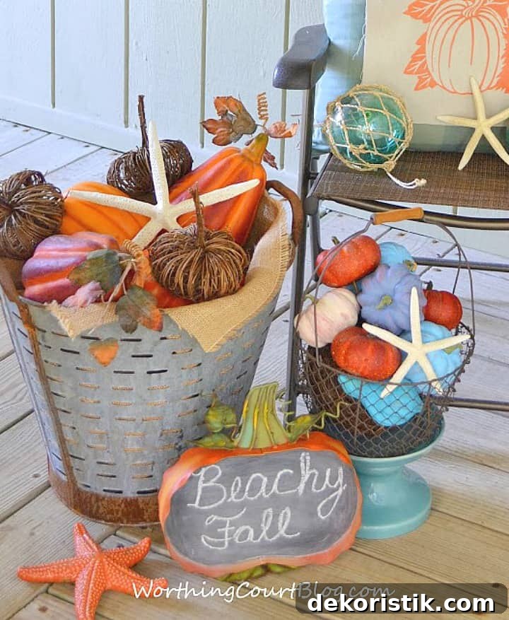 Bucket and basket filled with a variety of pumpkins for a coastal fall vibe.