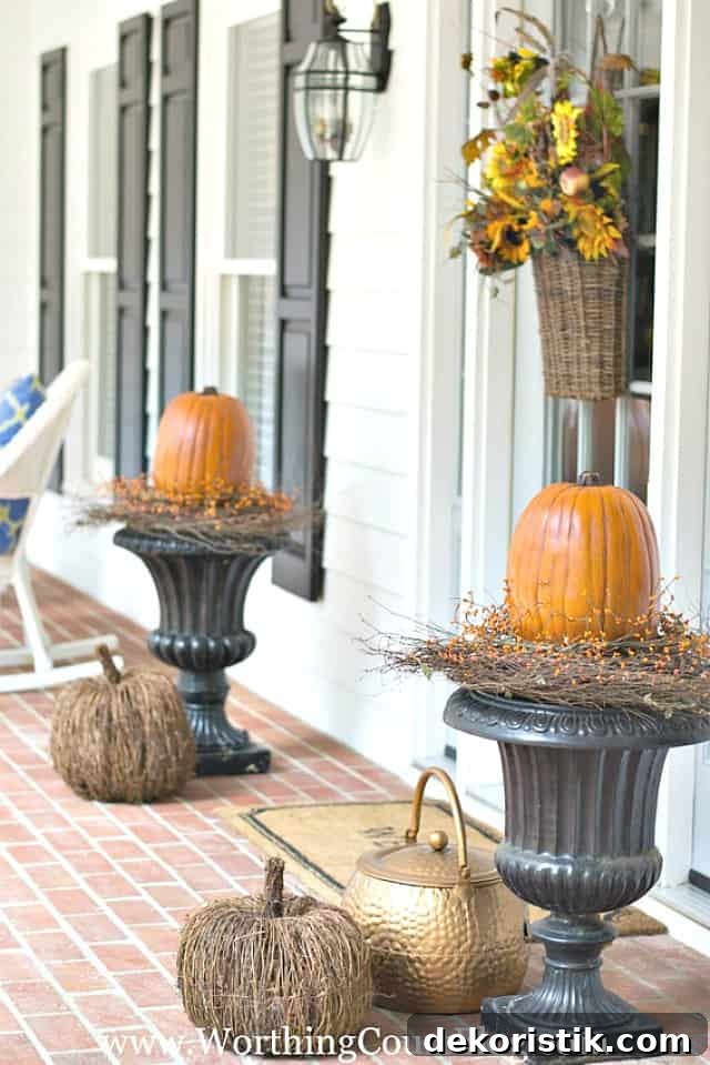 Black urns topped with large pumpkins for fall on the porch.