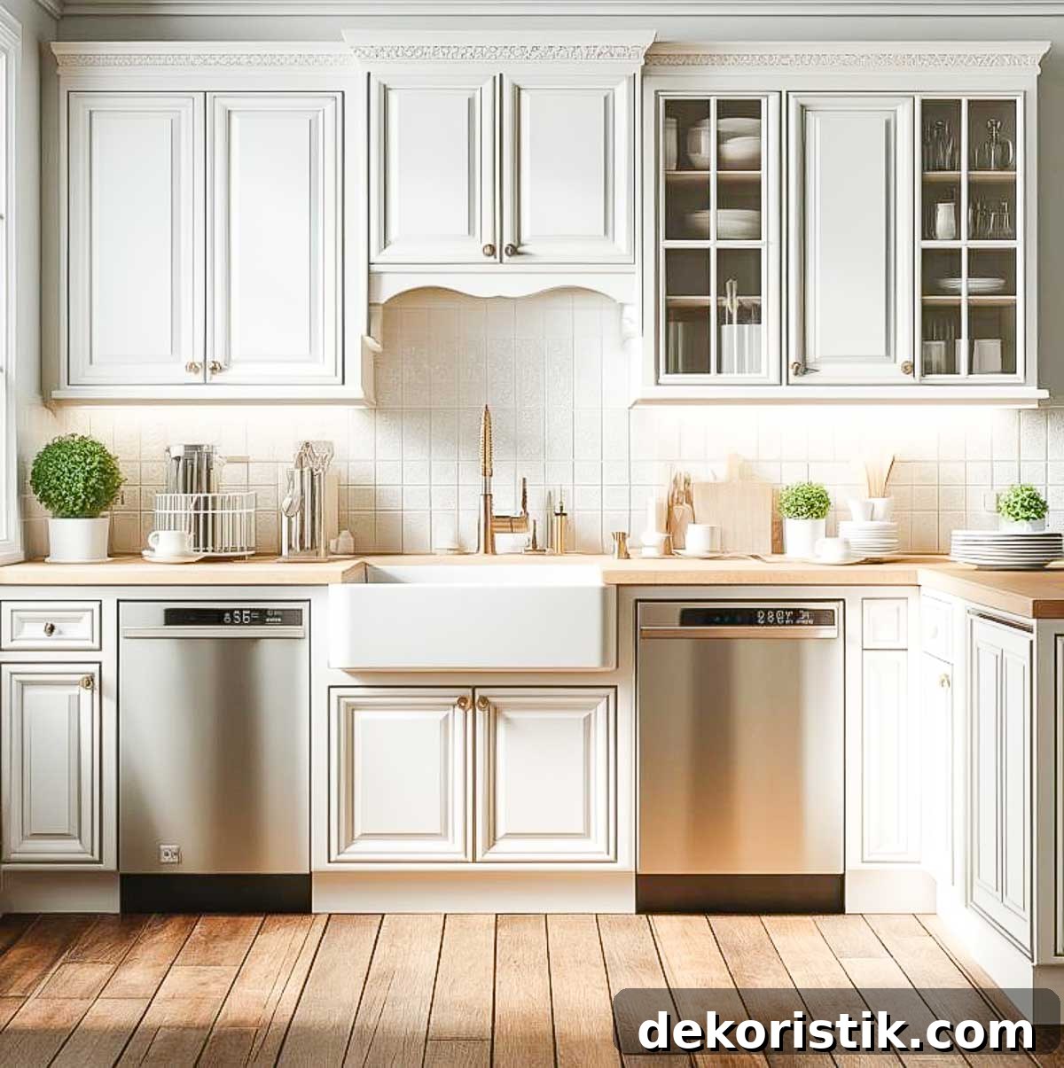 Kitchen Ideas: Small Refreshes to Full Remodels 16 a stainless steel dishwasher on each side of a farmhouse sink in a kitchen with white cabinets and hardwood floors.