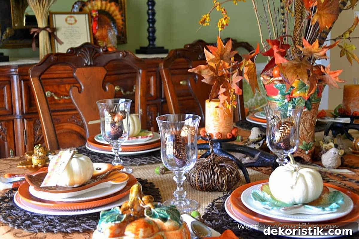 bountiful thanksgiving tablescape set with a variety of fall and traditional thanksgiving colors and elements