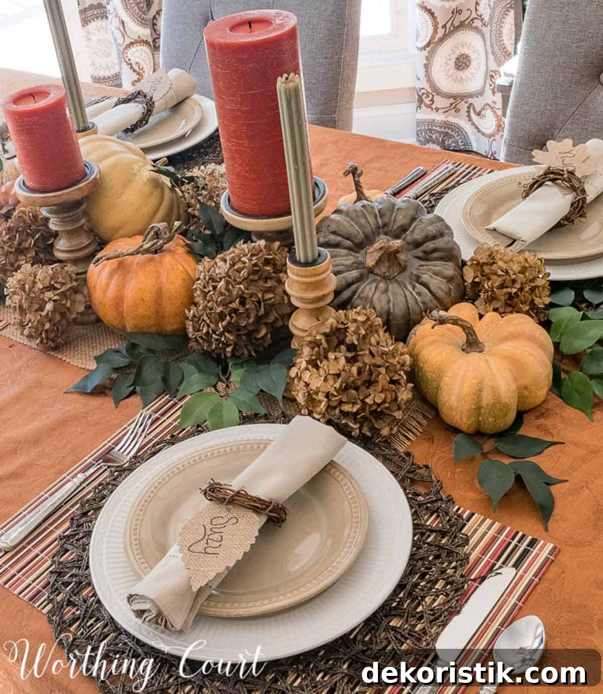 Thanksgiving tablescape with traditional fall colors and lots of natural elements