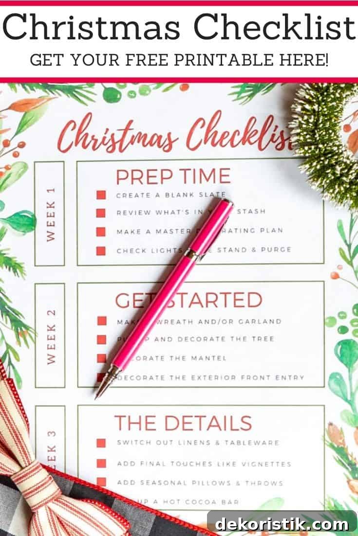 Free Printable Christmas Decorating Checklist and Timeline 8 The Checklist with Prep time, Get Started And The Details poster.