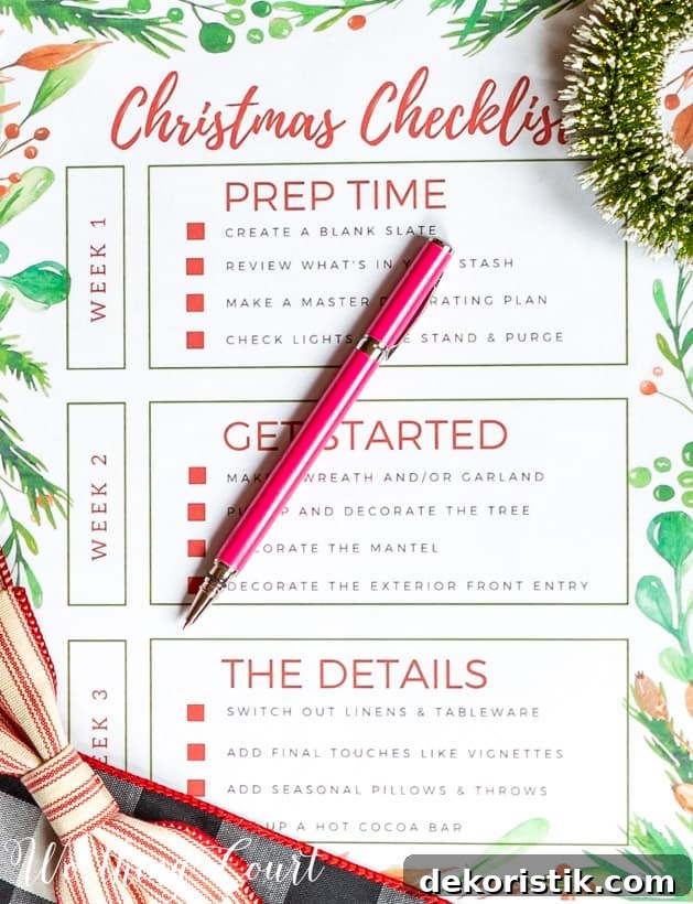 Free Printable Christmas Decorating Checklist and Timeline 4 The Christmas Checklist with a pink pen on the graphic.