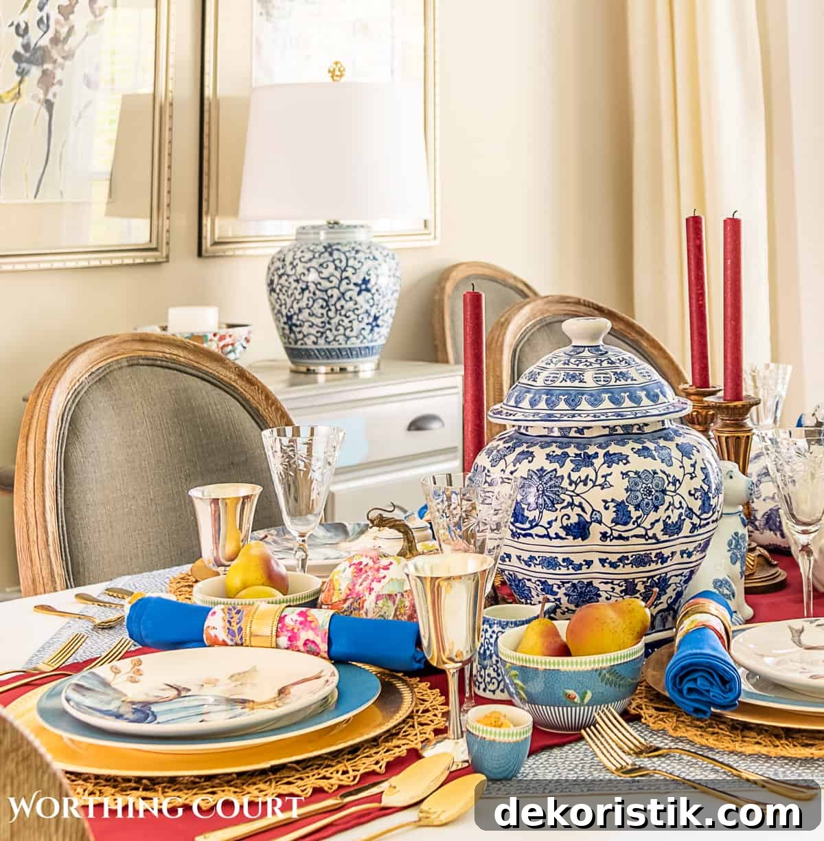 5 Tabletop Accessories to Elevate Your Thanksgiving Table 2 blue and white thanksgiving table setting with touches of burgundy