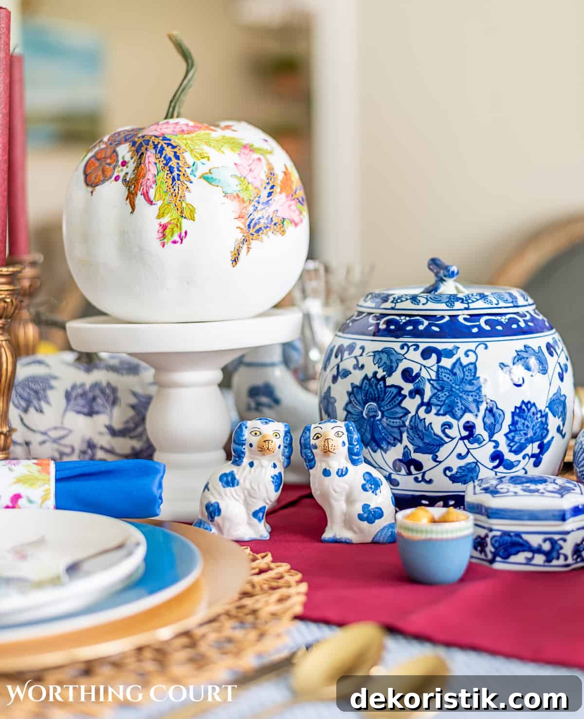 5 Tabletop Accessories to Elevate Your Thanksgiving Table 4 blue and white thanksgiving table setting with touches of burgundy