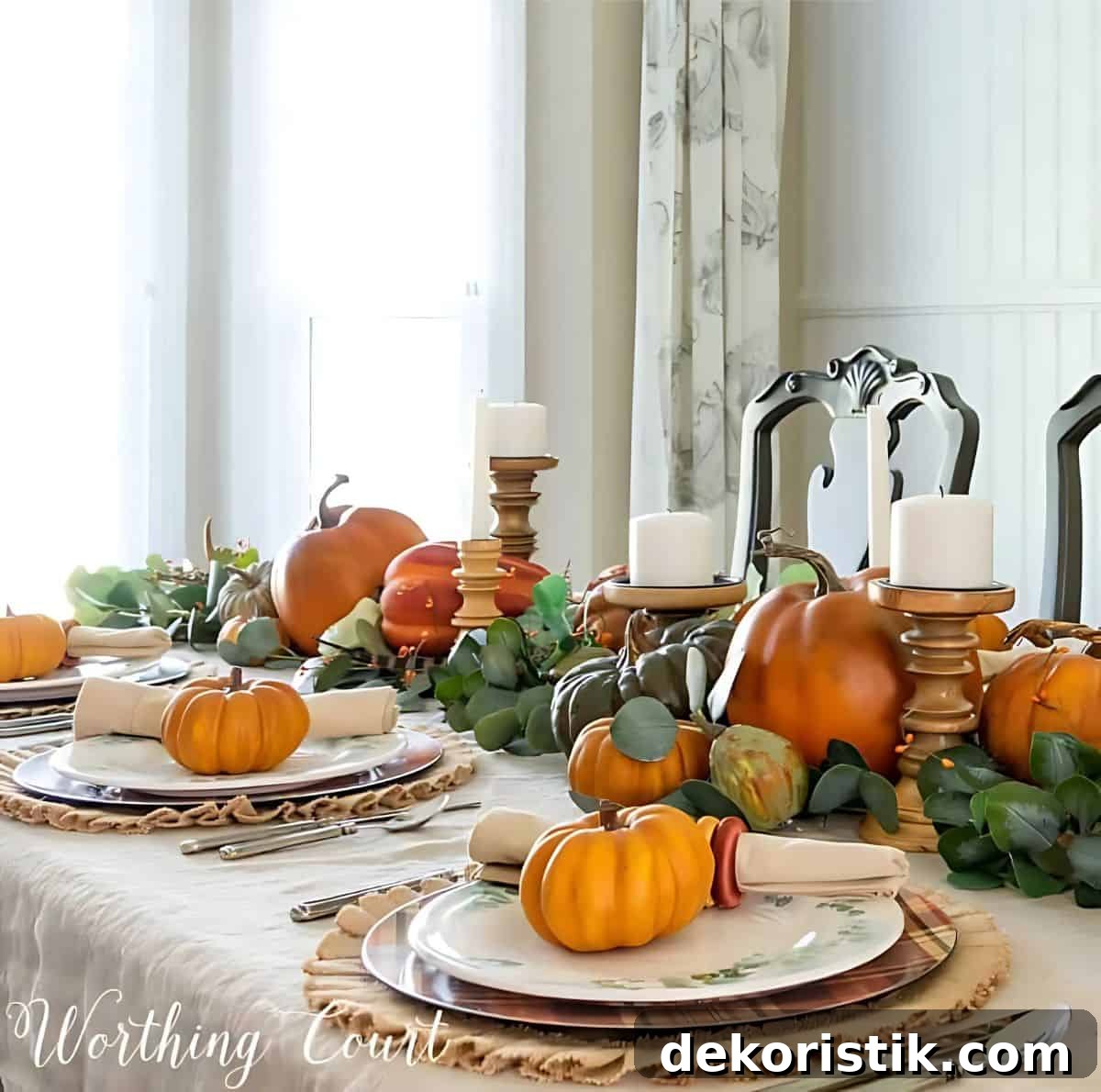 Thanksgiving tablescape with neutral linens, pumpkins and green eucalyptus