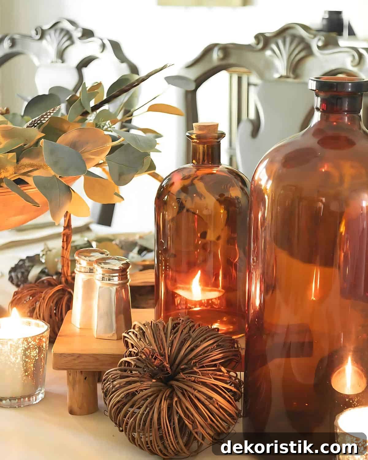 Thanksgiving centerpiece with large amber bottles, wicker pumpkins, and mercury glass candle holders