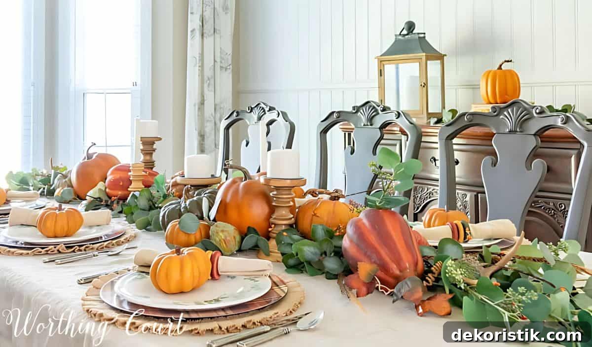 Thanksgiving tablescape with neutral linens, pumpkins and green eucalyptus