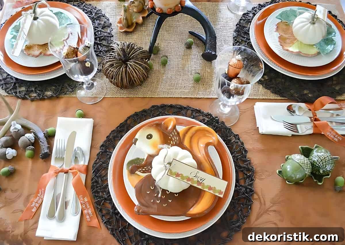 Woodland theme Thanksgiving tablescape in traditional fall colors