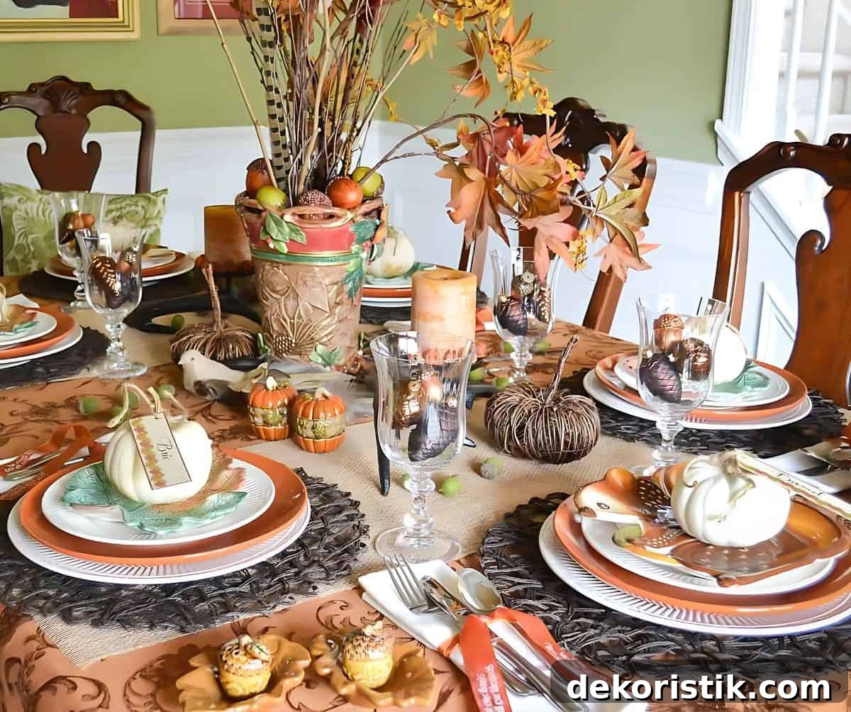 Woodland theme Thanksgiving tablescape in traditional fall colors