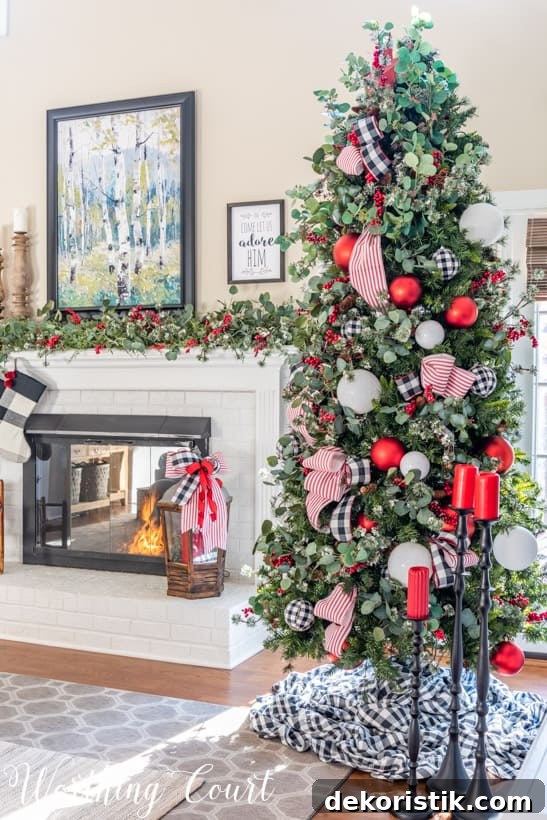 Buffalo check Christmas tree and mantel decor.