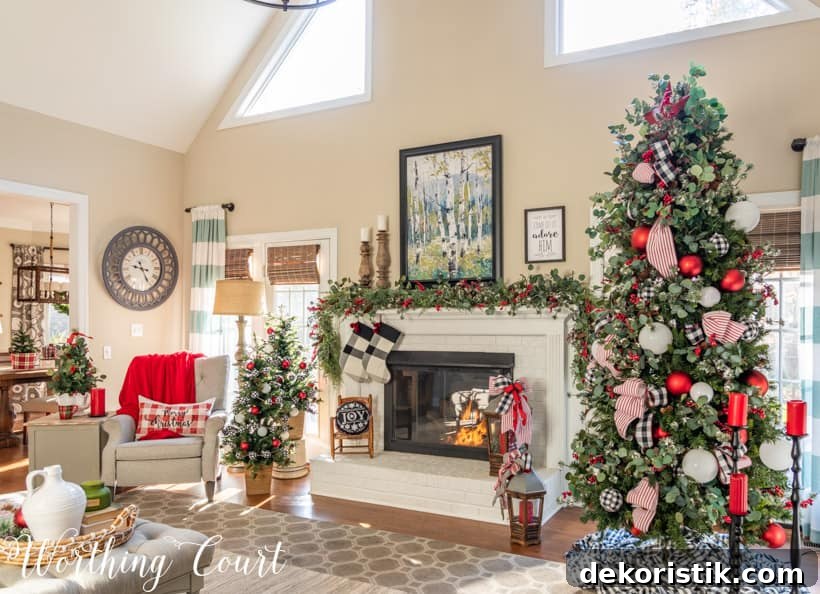 The living room all decorated for Christmas.