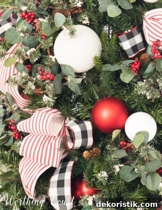 Buffalo check ribbon is on the tree tied in boughs.