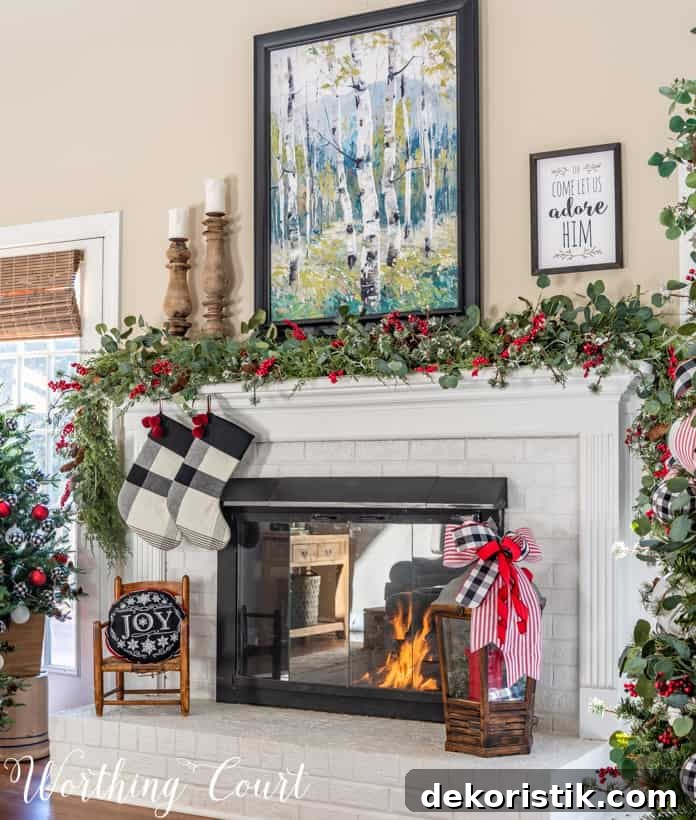 There are black and white buffalo checked stockings hanging by the fireplace.