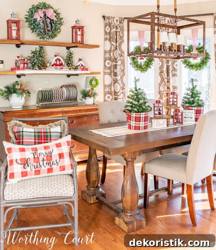 Dining room with red, white and plaid decorations.