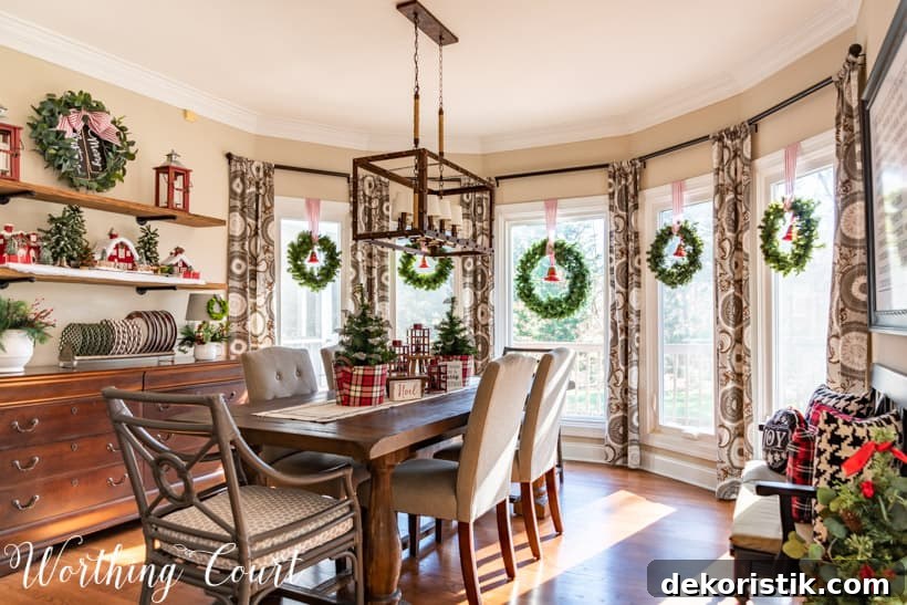 Dining room with red, white and plaid decorations.