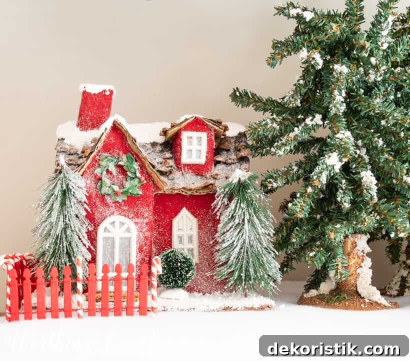 Red Christmas mini house on a bed of faux snow.