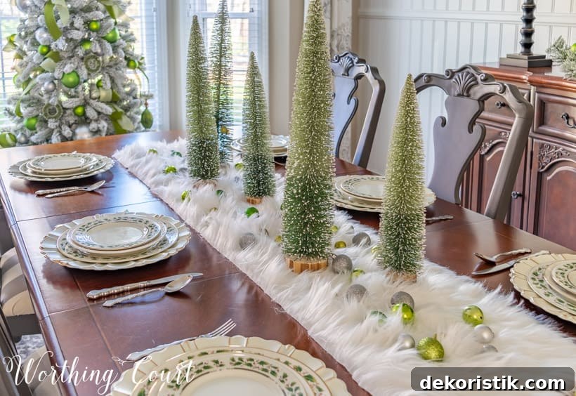 Ornaments on the white faux fur runner.