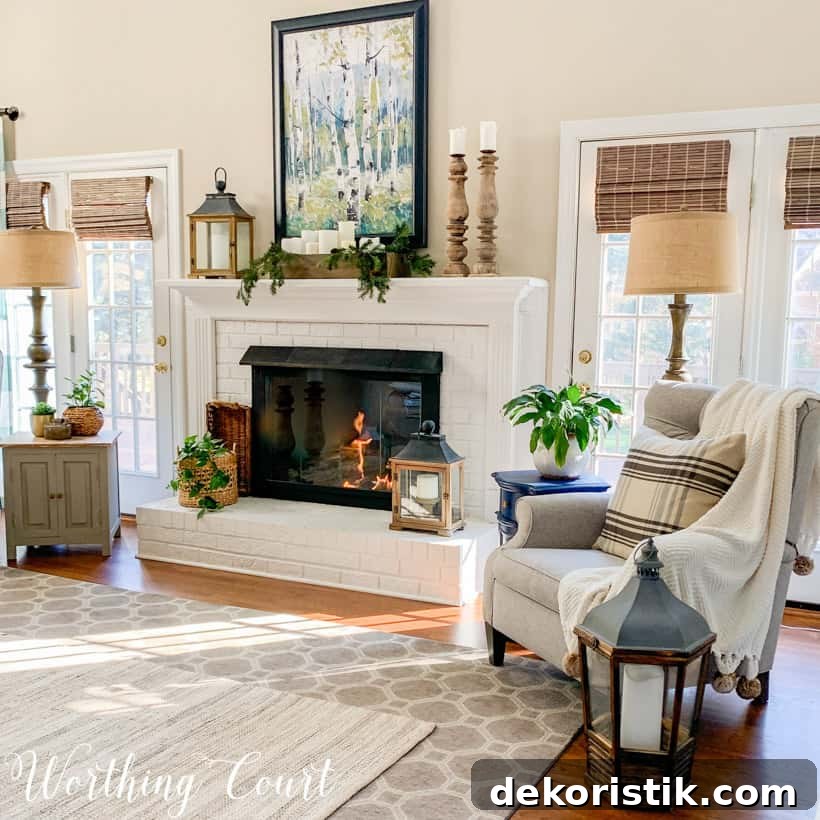 white brick fireplace with winter decor