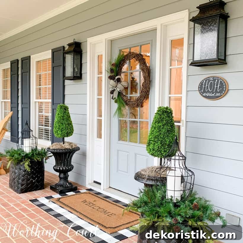 front porch with winter decor