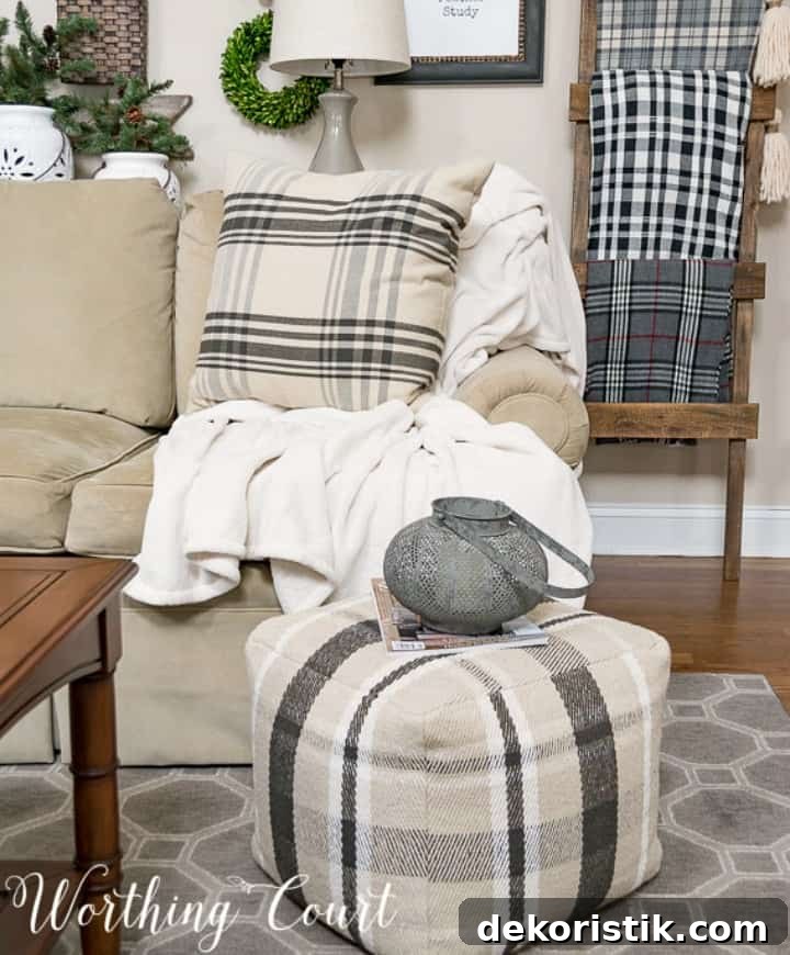 Black and white pillow and pouf winter decorating ideas.