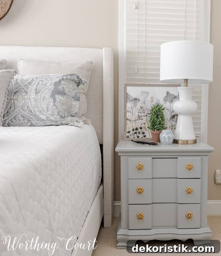 Master Bedroom Makeover: Progress Photos and Timeline 5 gray nightstand with white table lamp