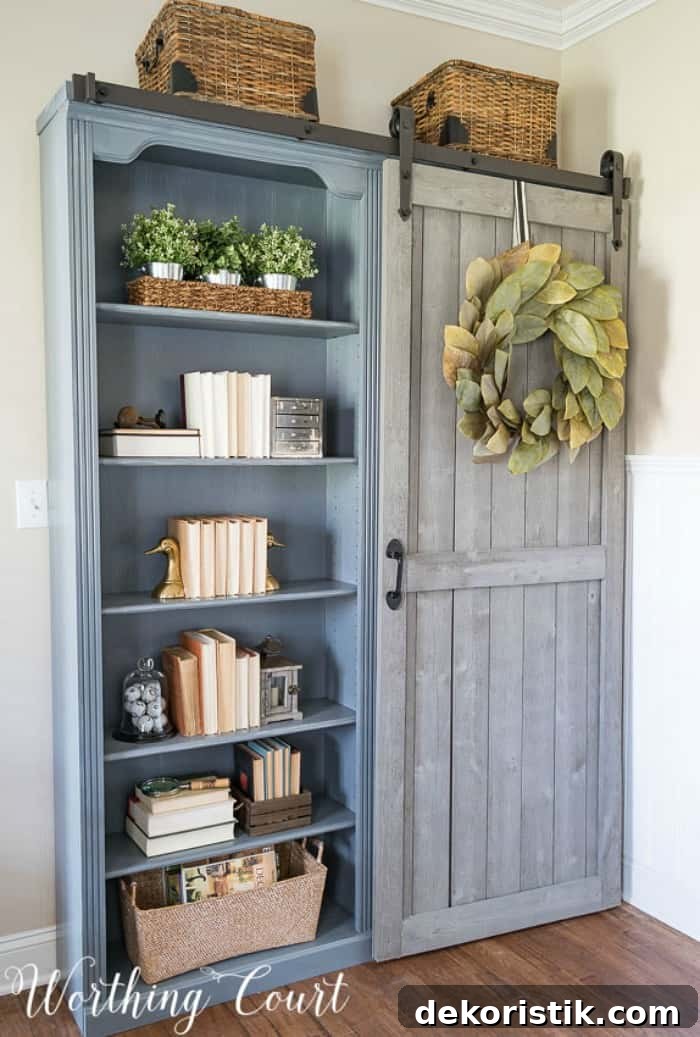 Recycled bookcase with a sliding door attached.