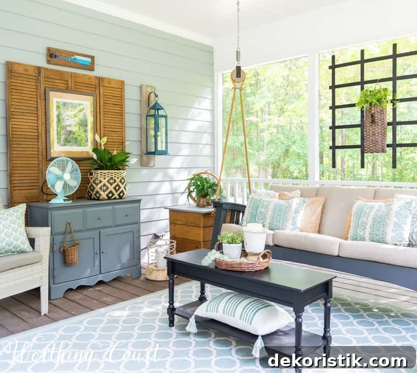 Screen porch decor with hand painted furniture.
