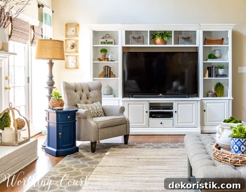 Entertainment center that has been painted white.