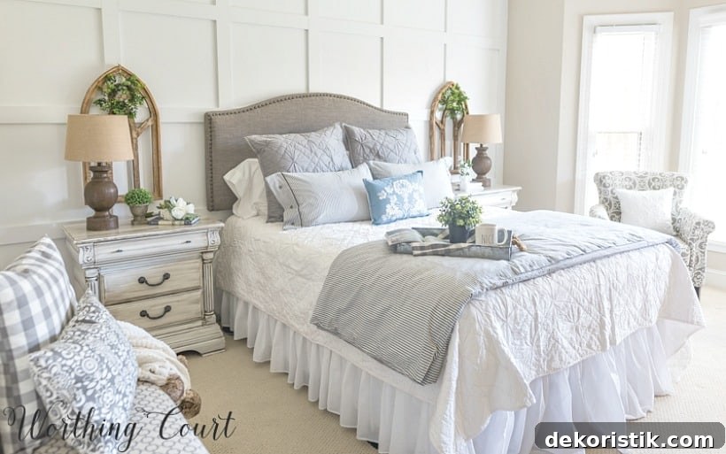 Farmhouse style bedroom with gray upholstered headboard, ticking stripe duvet set, diy painted furniture and gothic arch wall decor #farmhousedecor #cottagedecor #shabbychicdecor #bedroomdecor #decoratingideas #bedroomdecoratingideas