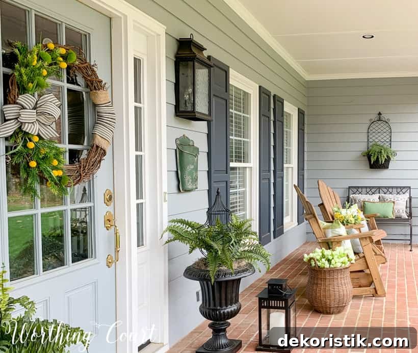 On the end of the porch there is a chair with neutral cushions on it.