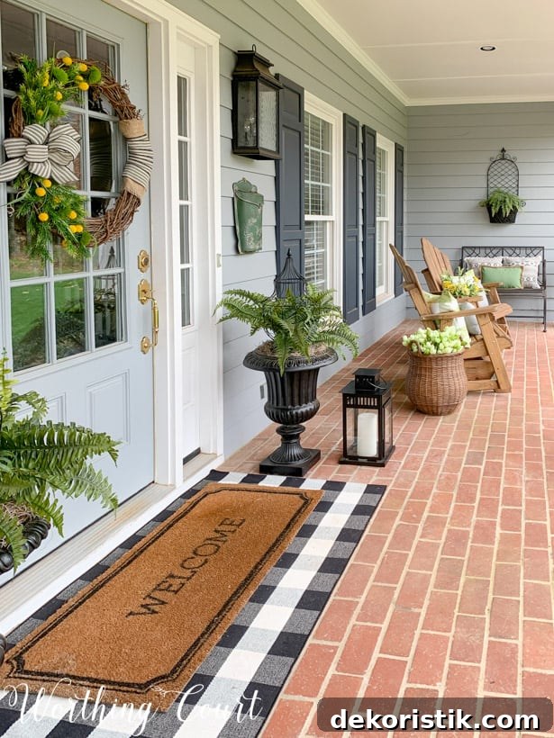 A welcome mat is at the front door of the house.