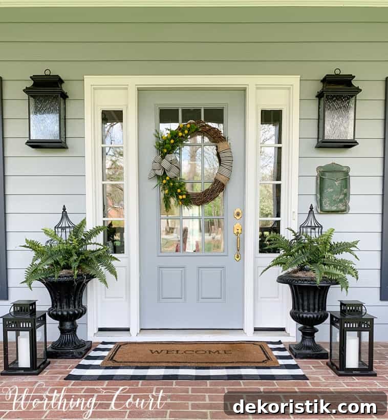 A grapevine wreath is on the front door.