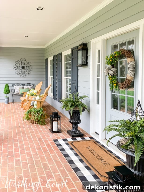 The large porch decorated for spring.