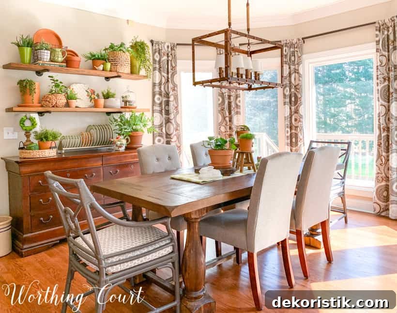 breakfast room with table, chairs and open shelves decorated for spring