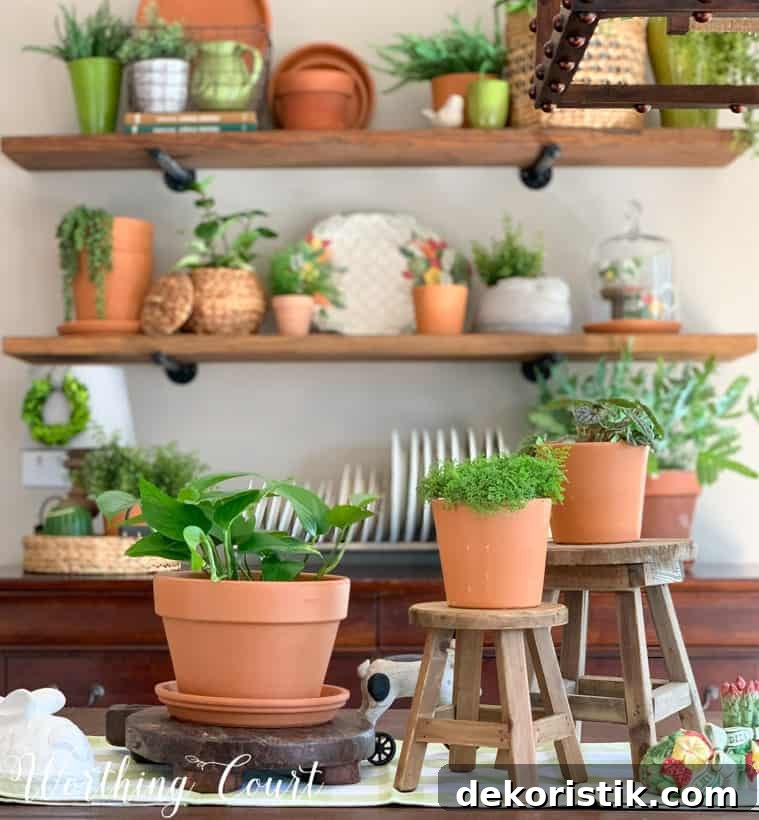 table centerpiece with terra cotta pots and greenery displayed at different levels